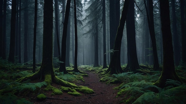 Deep dark forest with towering trees