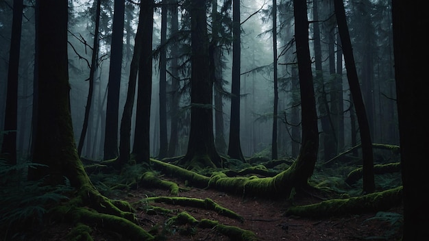 Deep dark forest with towering trees