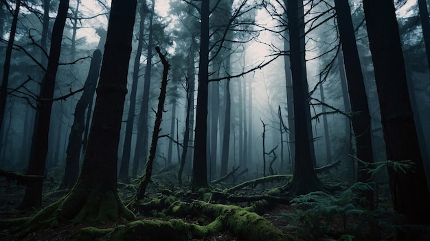 Deep dark forest with towering trees