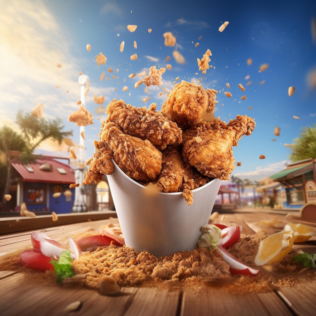 deep fried chicken bucket with spices in the style of an outdoors product hero shot in motion