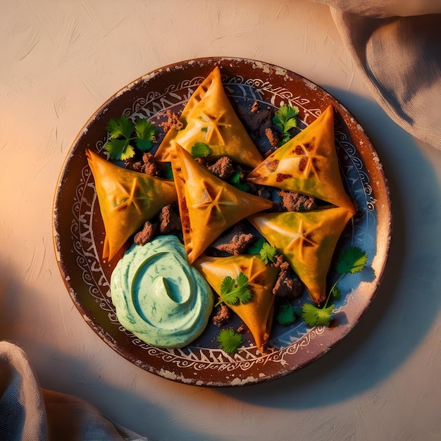 Deep fried samosas on rustic crockery plate generated by AI