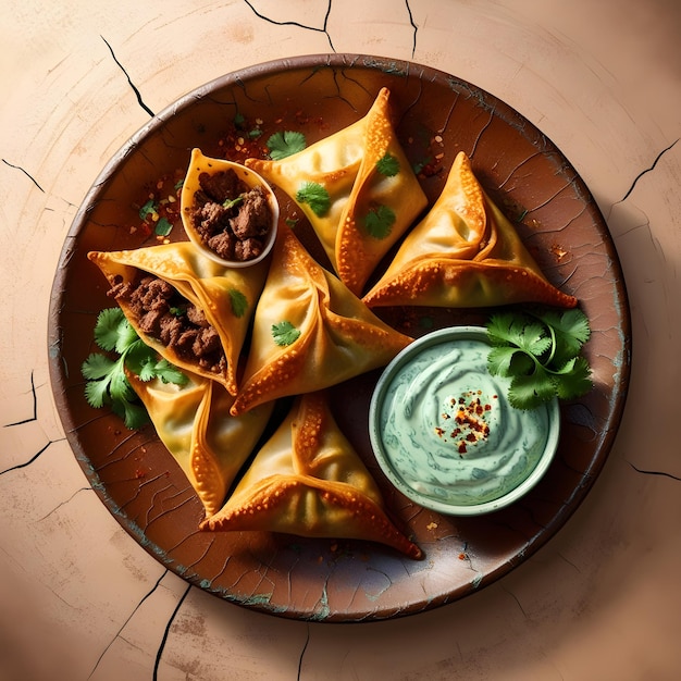 Deep fried samosas on rustic crockery plate generated by AI