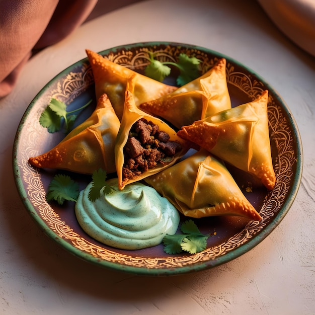 Deep fried samosas on rustic crockery plate generated by AI