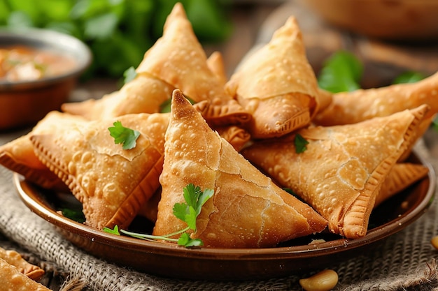 Deep fried samosas with spicy chicken filling generated