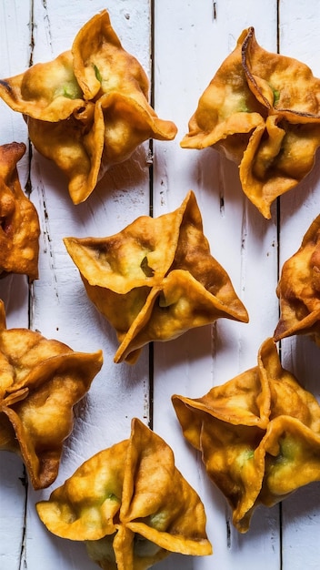 Deep fried wonton on the white wooden surface