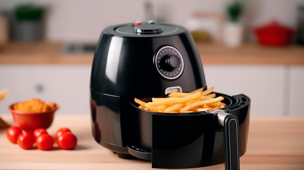 Deep fryer on a wooden table in a modern kitchen with fried french fries and tomatoes on plates Generative AI