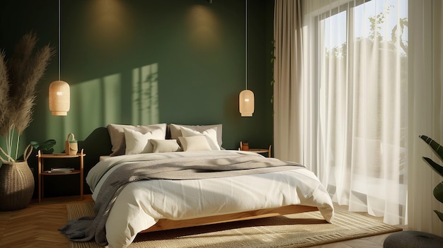 deep green accent wall bedroom interior design calm and premium vibe