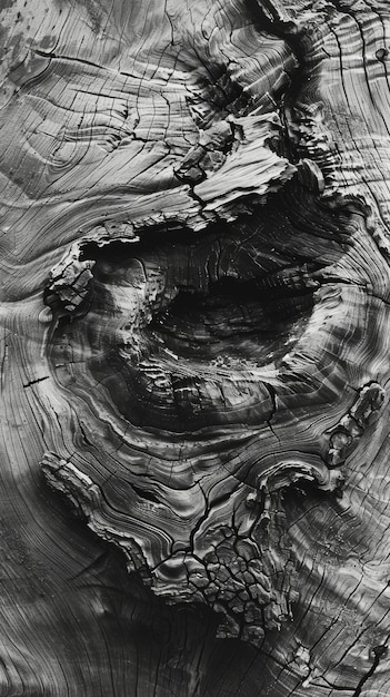 The deep grooves and knots of a tree stump a testament to its strength and endurance black and white