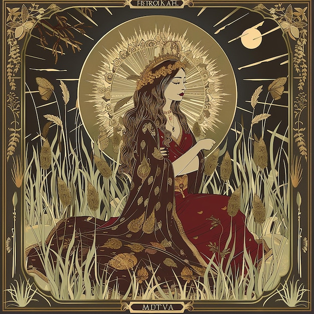 deep and mystical stylized illustration of The Empress tarot card in earthy colors symbolizing femin