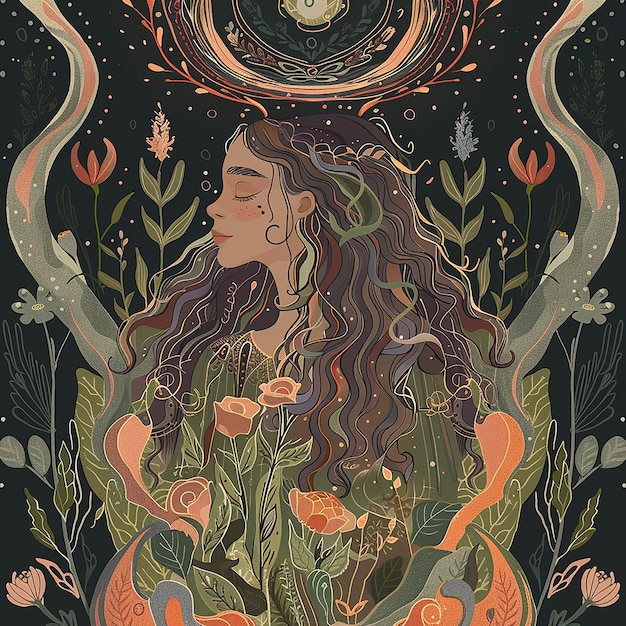 deep and mystical stylized illustration of The Empress tarot card in earthy colors symbolizing femin