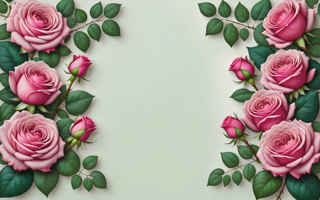 deep pink roses green leaves background