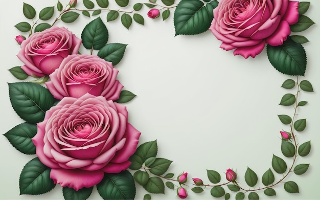 deep pink roses green leaves background