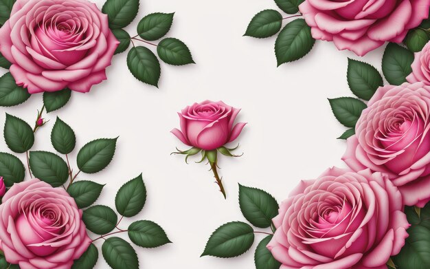 deep pink roses green leaves background