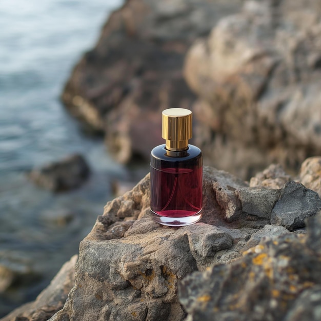 A deep red blood perfume bottle on a rock 4