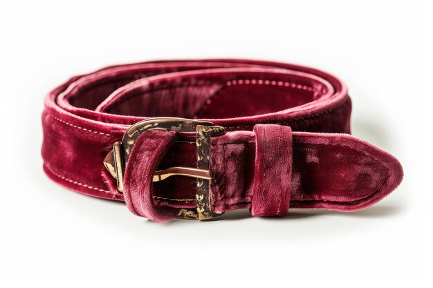 A deep red velvet belt with a classic metal buckle folded neatly on a clean white surface