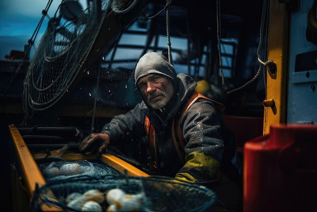 A deep sea fisherman on the fishing boat at night