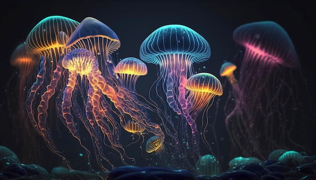 Deep sea glowing jelly fishes on dark background Generative AI