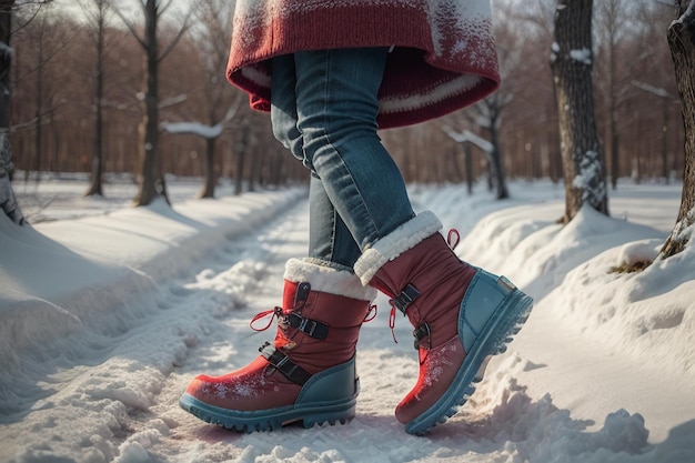 Deep snow boots on thick snow in cold winter beautiful shoes to keep warm