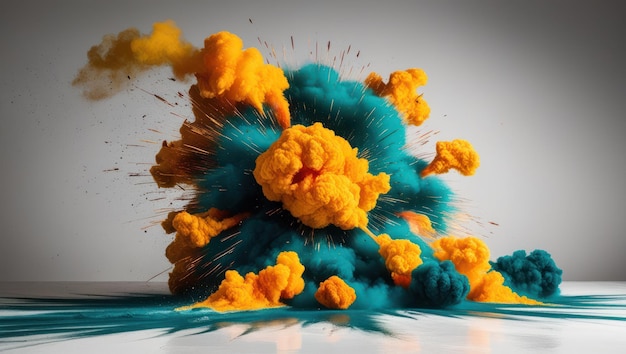 Deep teal and bright yellow explosion swirling dramatically in artistic display