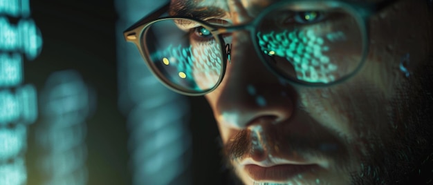 Deep in thought a man39s eyes reflect the illuminated data code through his glasses