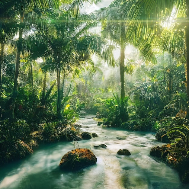 Deep tropical rain forest with river stream