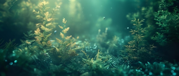 A deep underwater environment illuminated by bioluminescent creatures and plants