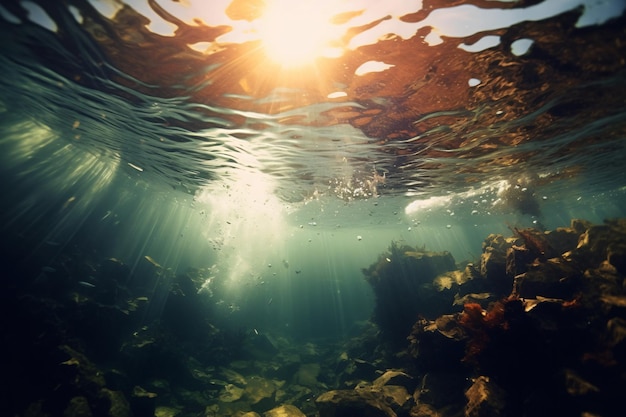 deep underwater scene with rays of light ocean under the surface in crystal clear water