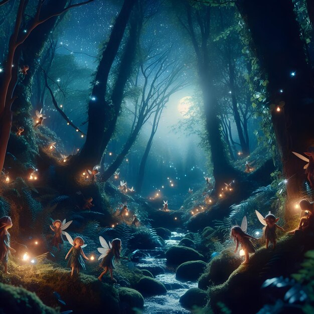 Deep within the whispering woods nestled by a babbling brook curious fairies flutter about in a fl