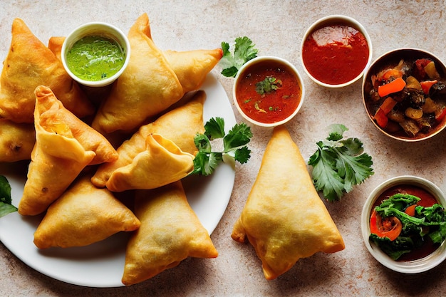 Deepfried samsa appetizer with salsa and pesto sauces on plate