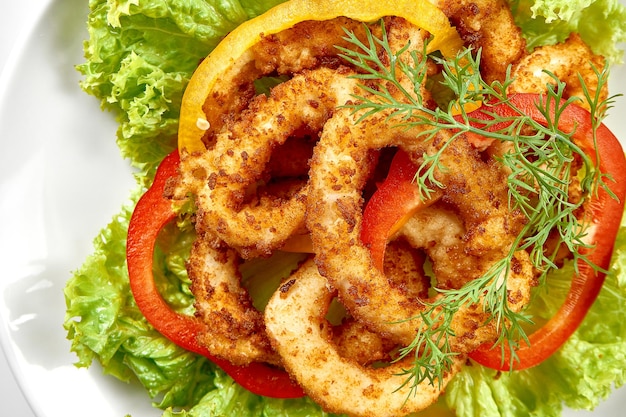 Deepfried squid rings in a plate on a white background Closeup Selective focus