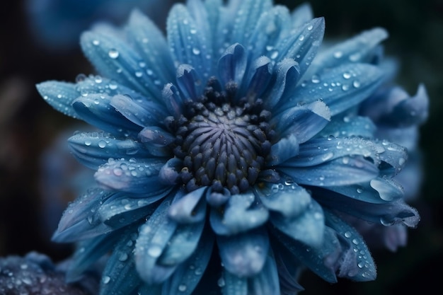 Deeply cold and frozen blue flower blossoms at closeup as floral background generative ai