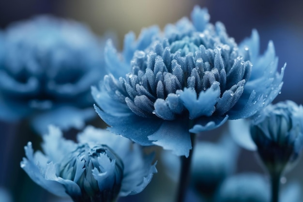 Deeply cold and frozen blue flower blossoms at closeup as floral background generative ai