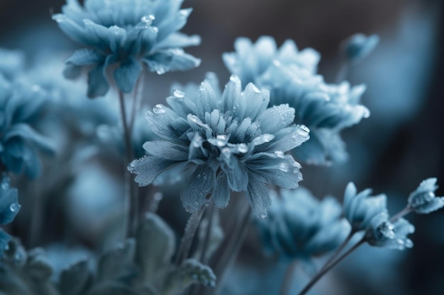 Deeply cold and frozen blue flower blossoms at closeup as floral background generative ai