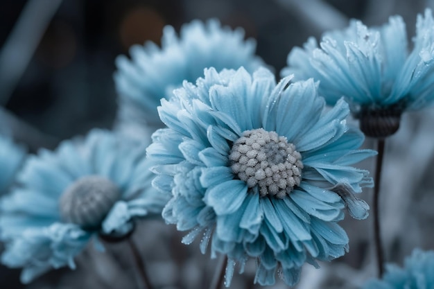 Deeply cold and frozen blue flower blossoms at closeup as floral background generative ai