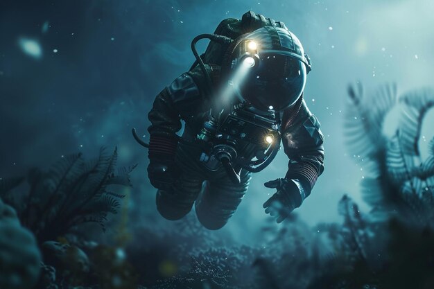 A deepsea diver style astronaut exploring a mystic underwater alien world