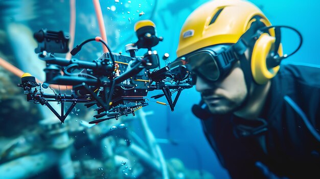 Photo a deepsea diver wearing a yellow helmet and black wetsuit uses an rov remotely operated vehicle to inspect an underwater structure