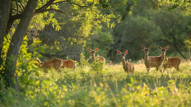 Photo deer are standing in a field with trees in the background