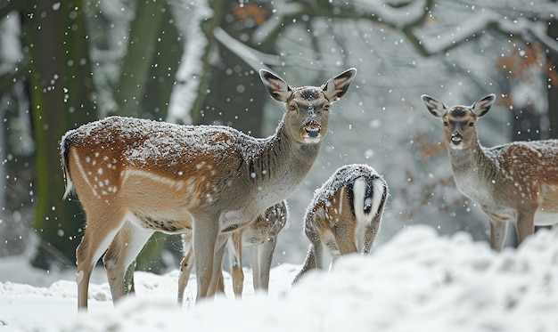 deer are standing in the snow and two other deer are standing in the snow