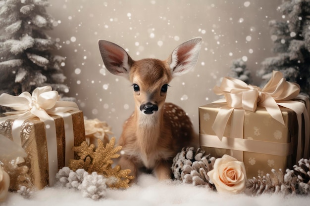 Photo deer baby with gifts box christmas mood