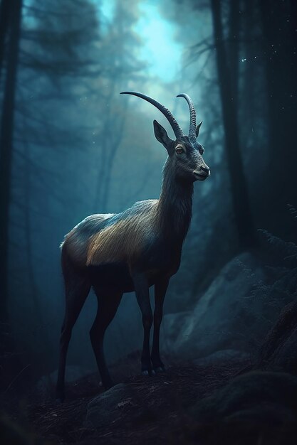 A deer in the dark with a blue background