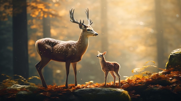 a deer and a deer are standing on a rock in the woods