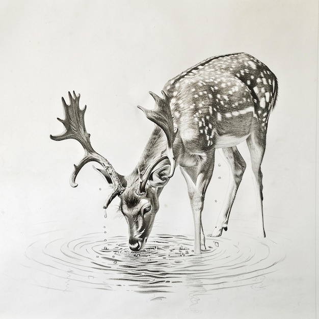 Photo deer drinking water in detailed sketch pencil perfection