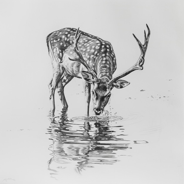 Photo deer drinking water in detailed sketch pencil perfection