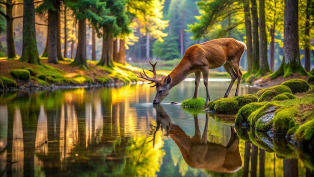 a deer drinking water in a forest with trees in the background