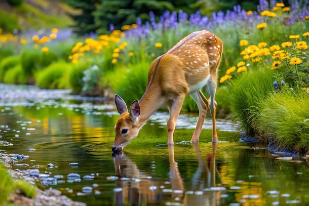 Photo a deer drinking water from a pond with flowers in the background