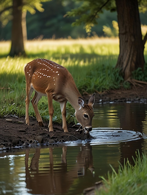 Photo a deer drinking water from a pond with a reflection of its head in the water