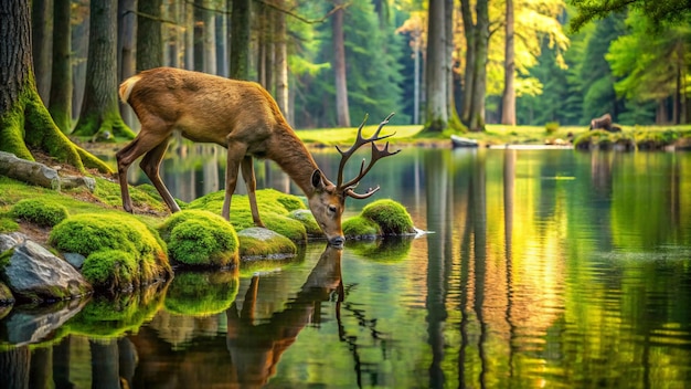 a deer drinking water from a pond with trees in the background