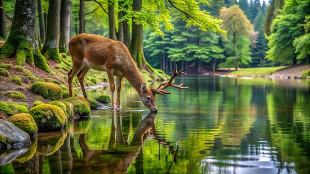 a deer drinking water from a pond with trees in the background