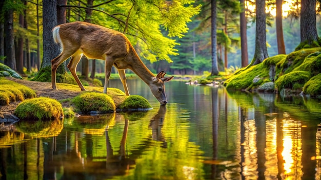 a deer drinking water with moss on the rocks and trees in the background