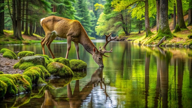 a deer drinking water with a reflection of trees in the water